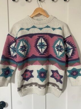 Vintage Hand Knit Sweater - Cream, Pink, Teal, Purple Western Patterned Knit